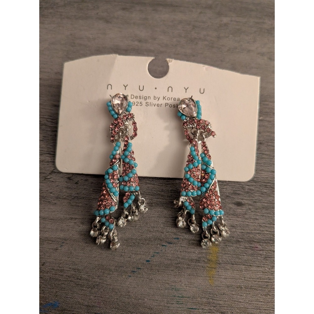 NYU NYU Design by Korea Pink Rhinestone Turquoise Bead Dangle Silver Post